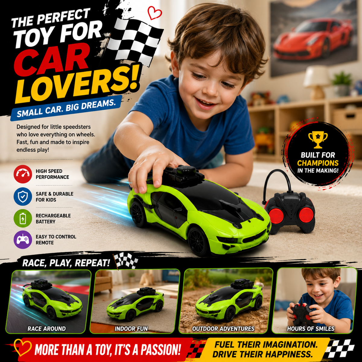 Misfit Turbo Racer RC Car with Remote Control, Rechargeable Battery & LED Lights