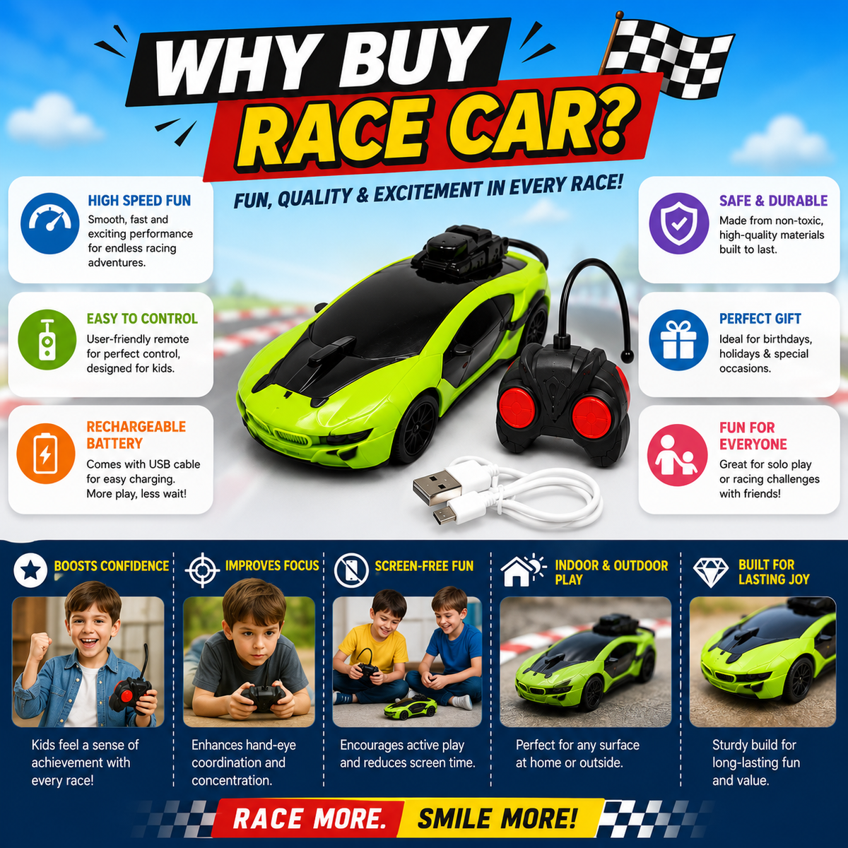 Misfit Turbo Racer RC Car with Remote Control, Rechargeable Battery & LED Lights