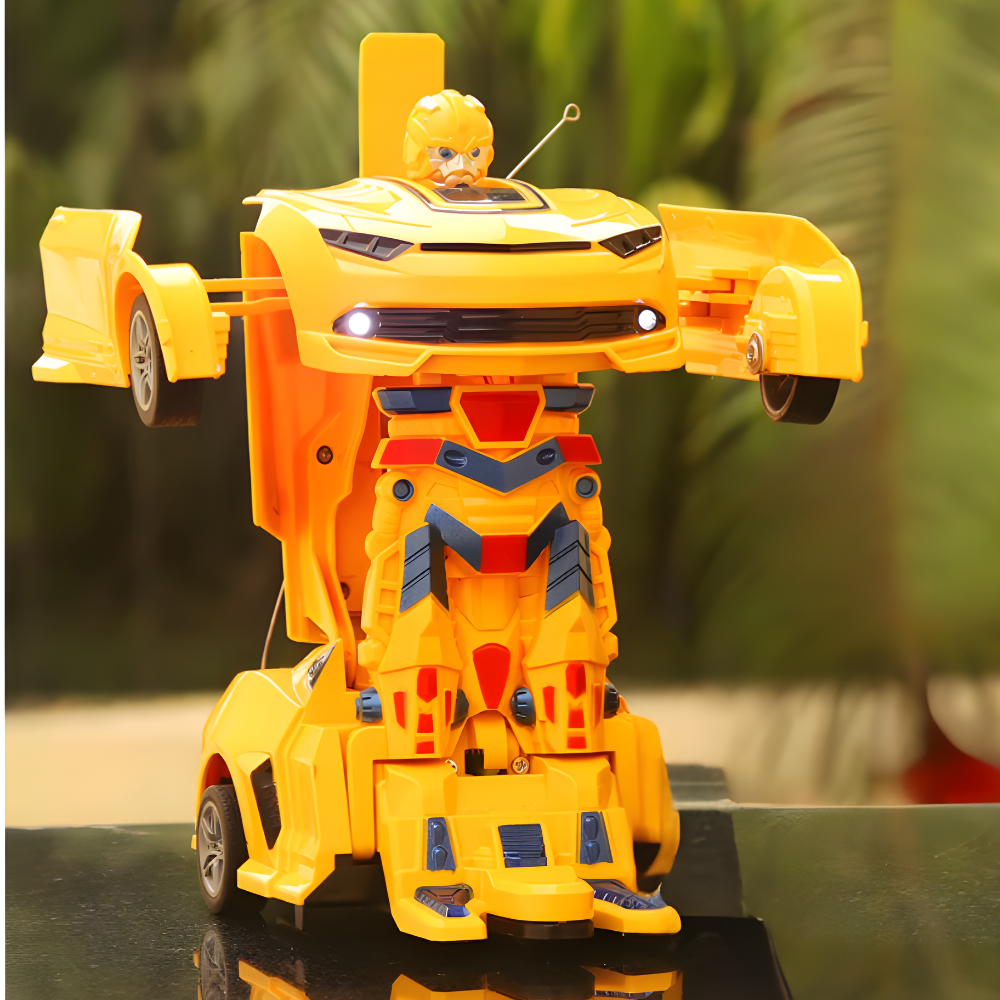Yellow transforming robot car toy with LED headlights displayed on a reflective surface outdoors.