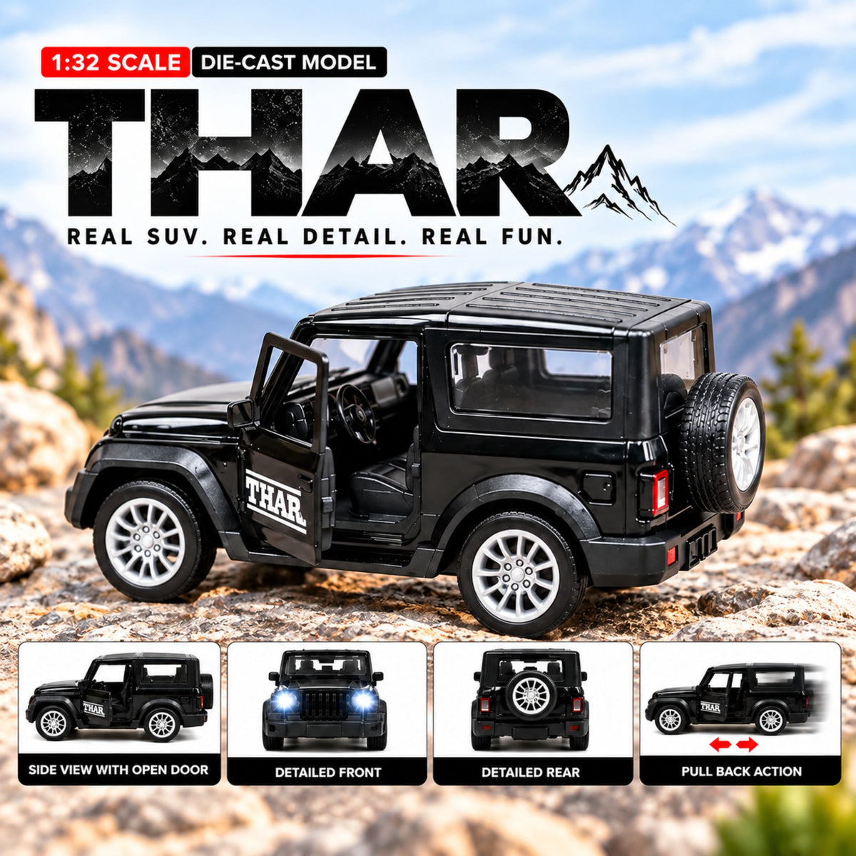 Misfit Die-Cast  Black Thar SUV Metal Car Toy for Kids | Pull Back Action