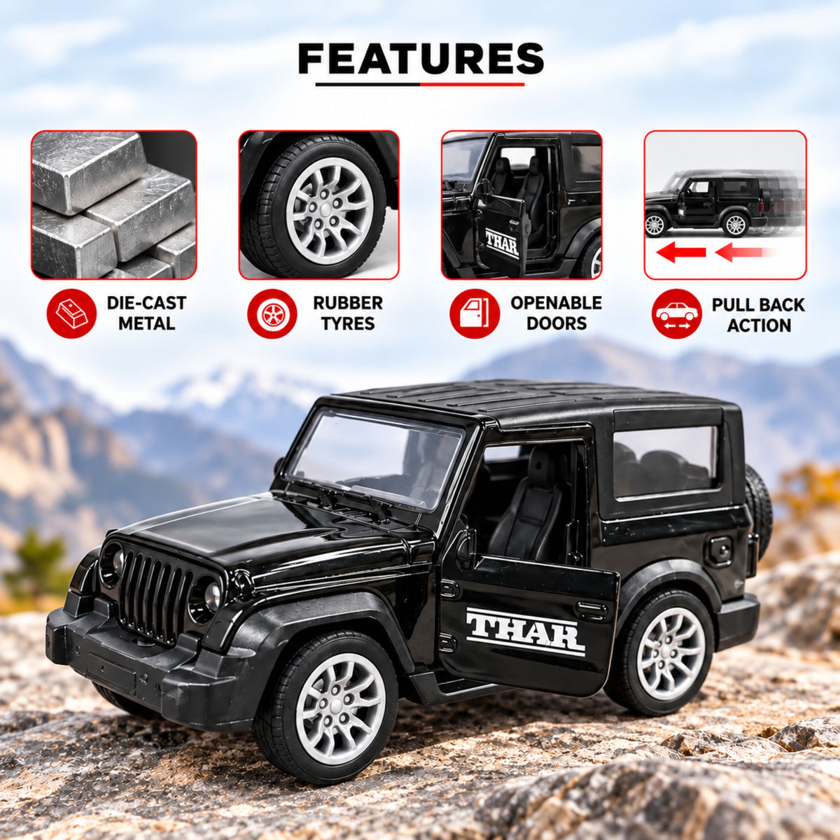 Misfit Die-Cast  Black Thar SUV Metal Car Toy for Kids | Pull Back Action