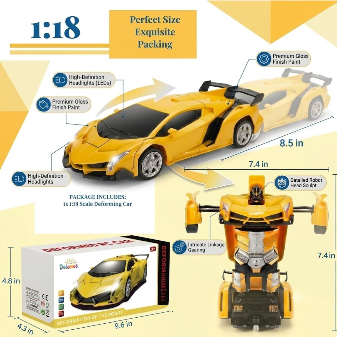 Yellow 1:18 scale transforming robot car toy with size dimensions and product packaging