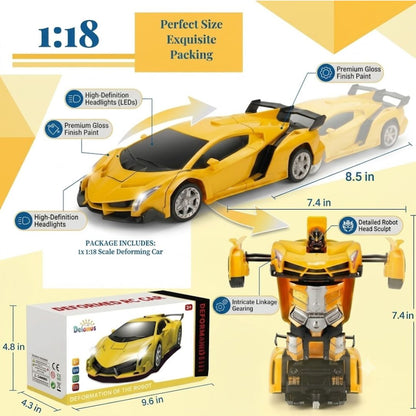 Yellow 1:18 scale transforming robot car toy with size dimensions and product packaging