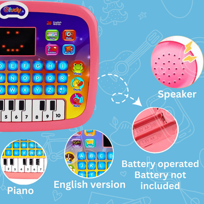A colorful children's learning tablet with piano keys, light-up alphabet buttons, and labeled features including a speaker, battery slot, and English language option. Round icons highlight features like the piano mode, English version, and battery operation.