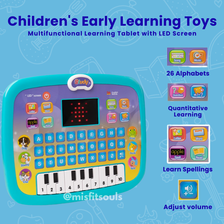 Multifunctional children's learning toy with LED screen, 26 alphabets, quantity questions, spelling and volume control