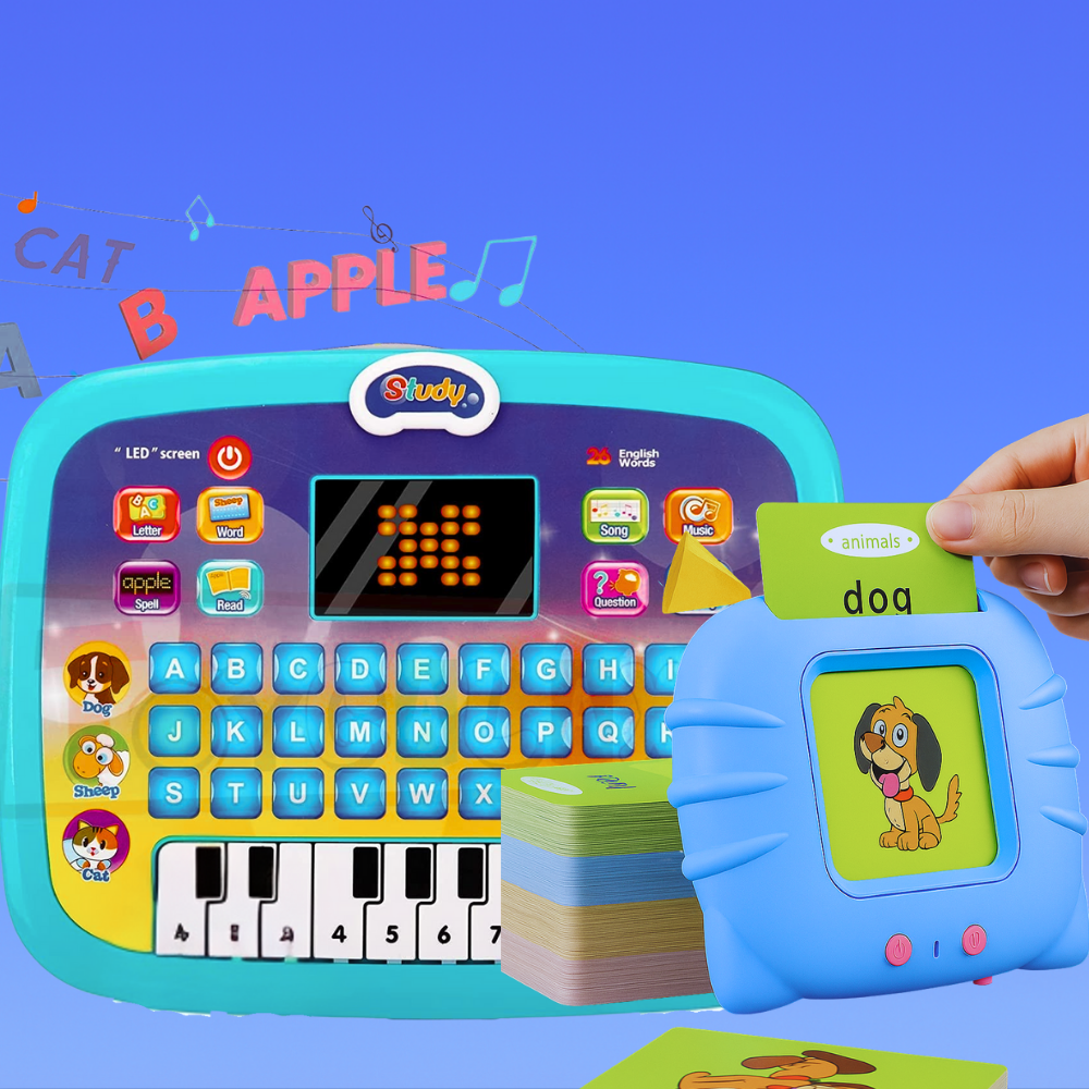 Children’s educational tablet with LED screen, alphabet keyboard, small piano keys, and card reader showcasing animal word cards like 'dog’ and ‘sheep’