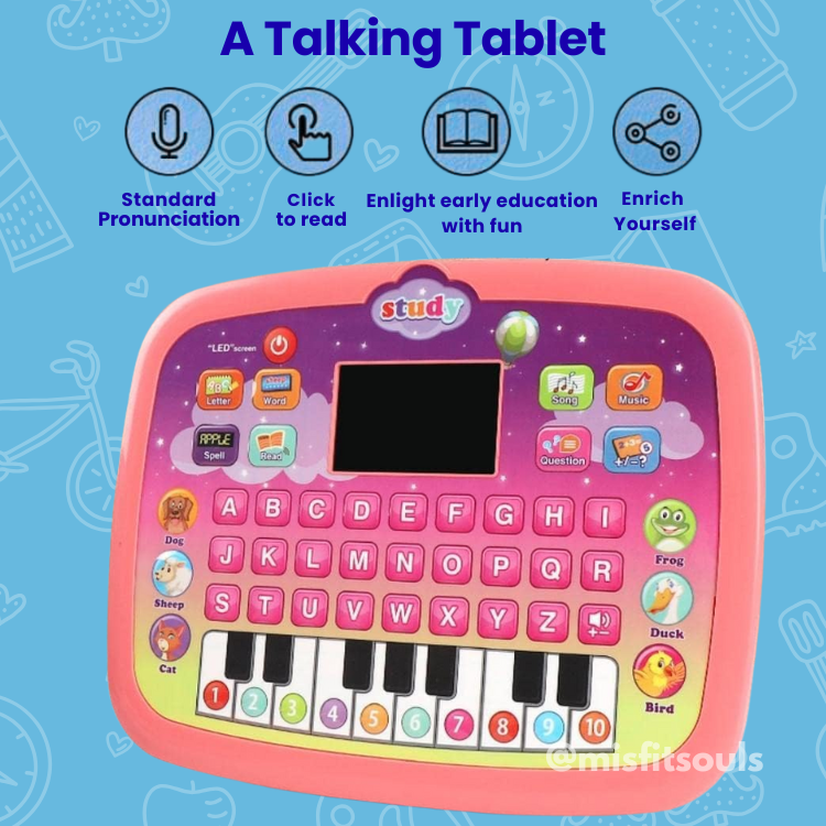 Pink educational talking tablet with LED screen, alphabet buttons, and embedded speaker icons for early learning and pronunciation training